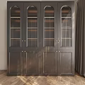 Elegant Dark Wooden Display Cabinet With Grid Glass Doors And Gold Handles Design
