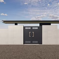 Modern Black Metal Gate With Decorative Patterns And Stone Walls Under Clear Sky