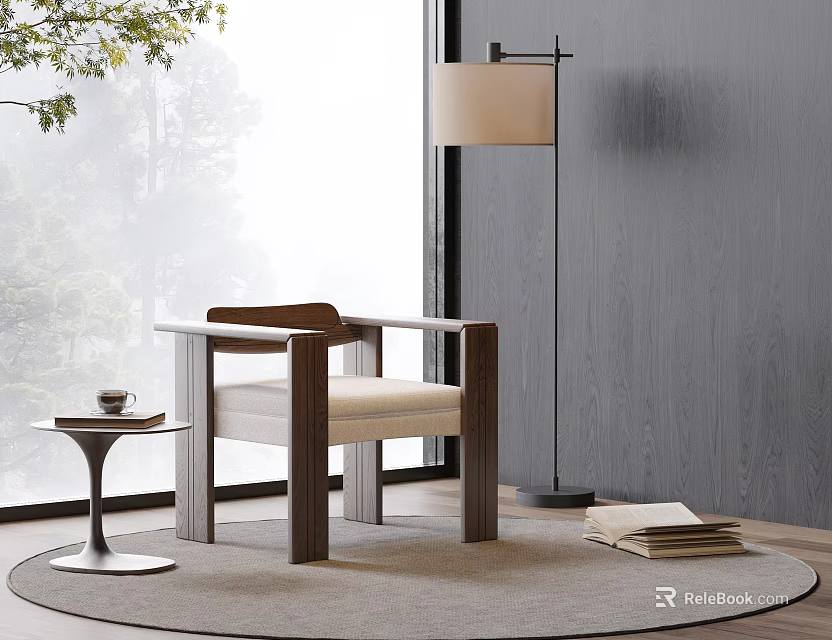 Modern Wooden Accent Chair With Light Cushion Floor Lamp And Side Table On Rug 3d model 