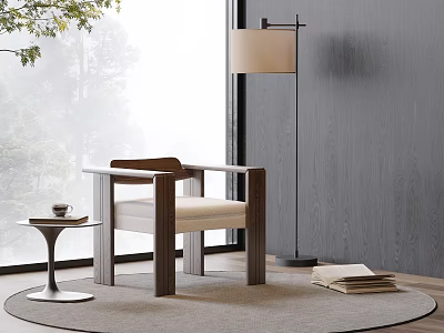 Modern Wooden Accent Chair With Light Cushion Floor Lamp And Side Table On Rug 3d model