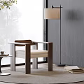 Modern Wooden Accent Chair With Light Cushion Floor Lamp And Side Table On Rug