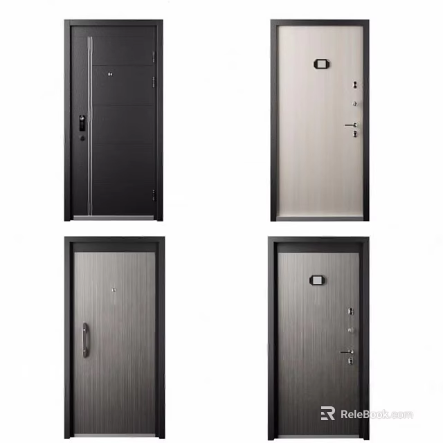 Modern Security Doors With Black Silver Finish Secure Locks And Peephole Designs 3d model 