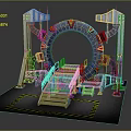 Cartoon Scene Featuring Circular Structure Metal Frames Staircase Platform And Caution Tape