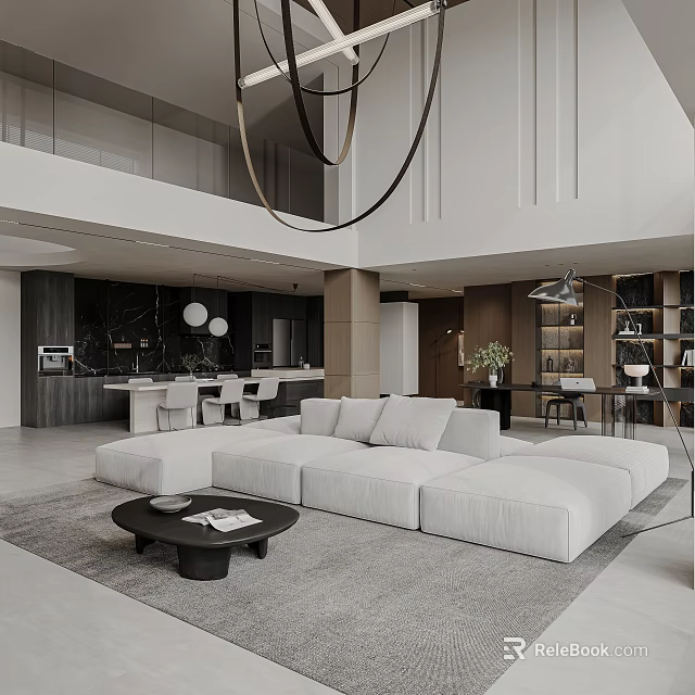 Spacious Modern Duplex Living Room Interior Design With Oversized Sofa And Curved Chandelier 3d model 