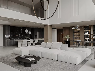 Spacious Modern Duplex Living Room Interior Design With Oversized Sofa And Curved Chandelier 3d model