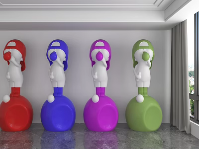 Four Different Colored Cartoon Character Sculptures With Hats On Round Bases In Indoor Space 3d model