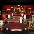 Chinese Style Wedding Stage With Red Background Circular Decorations Flowers And Lanterns