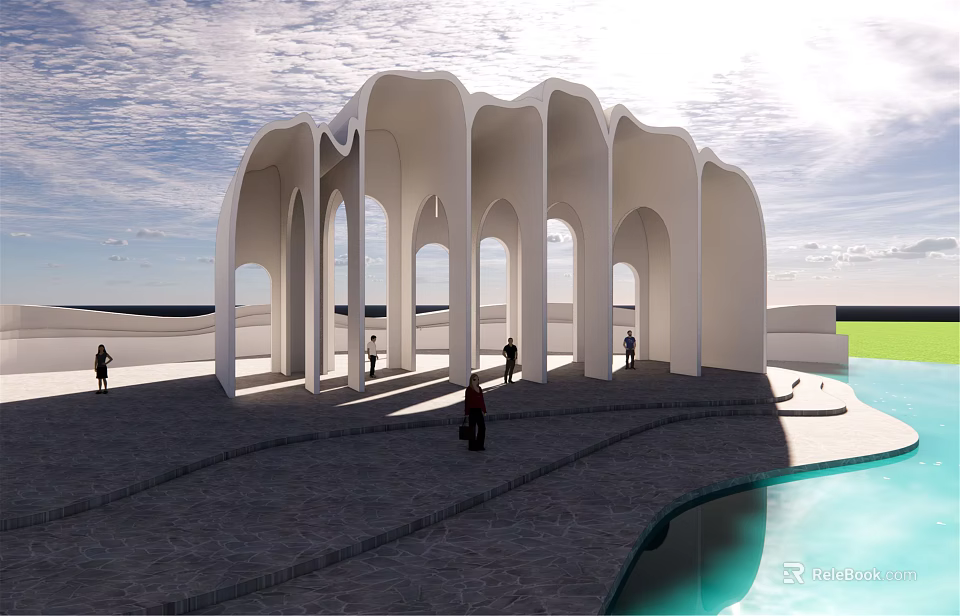 Modern White Pergola With Arched Columns Stone Floor And Water Feature 3d model 