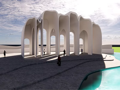 Modern White Pergola With Arched Columns Stone Floor And Water Feature 3d model