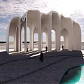 Modern White Pergola With Arched Columns Stone Floor And Water Feature 3d model
