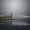 Tactical Knife With Green Textured Handle And Serrated Metal Blade On Gray Background