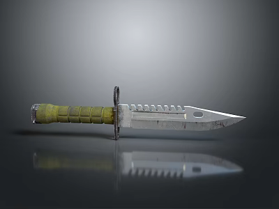 Tactical Knife With Green Textured Handle And Serrated Metal Blade On Gray Background 3d model
