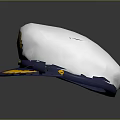 White And Blue Military Style Hat Featuring Yellow Emblem And Decorative Trim