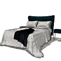 Elegant Double Bed with Dark Headboard Cushions Patterned Bedspread Black Blanket and Side Tables 3d model
