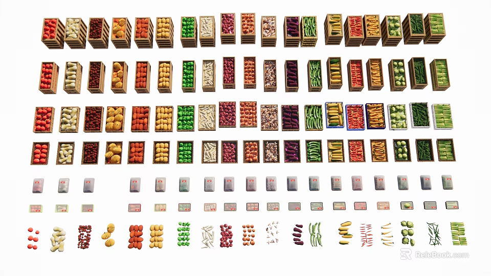 Assorted Dried Food Items in Colorful Packaged Containers and Loose Displays 3d model 