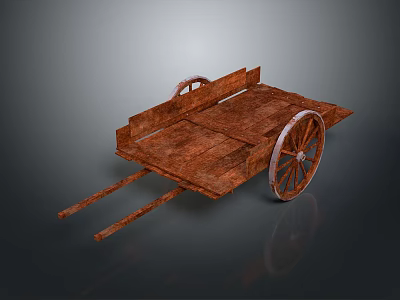 Rusty Vintage Wooden Cart With Spoked Wheels And Weathered Planks 3d model