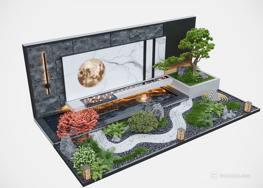 Serene Feature Wall Design With Moon Artwork Water Feature Pine Tree Red Shrubs And Pathway 3d model 