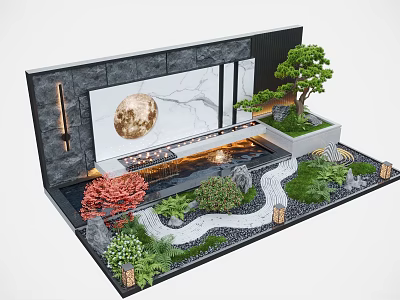 Serene Feature Wall Design With Moon Artwork Water Feature Pine Tree Red Shrubs And Pathway 3d model