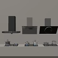 Modern Kitchen Appliances Displaying Range Hoods Stoves And Cookware Sets 3d model