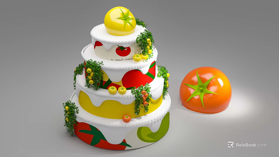 Colorful Three Layered Cake with Tomato Chili Pepper Decorations Green Icing and Tomato Shaped Ornament 3d model 