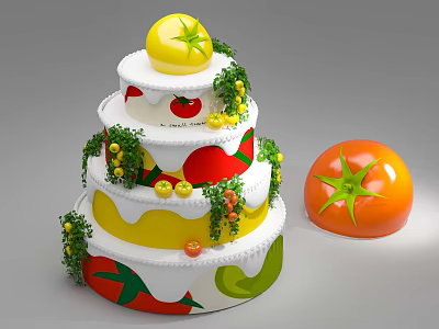 Colorful Three Layered Cake with Tomato Chili Pepper Decorations Green Icing and Tomato Shaped Ornament 3d model