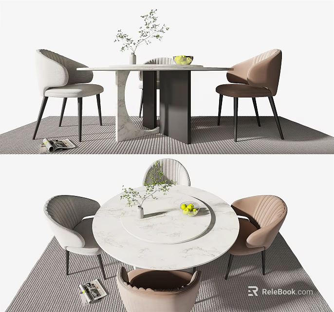 Modern Dining Table Set With Marble Tabletop Comfortable Chairs And Fruit Vase Decoration 3d model