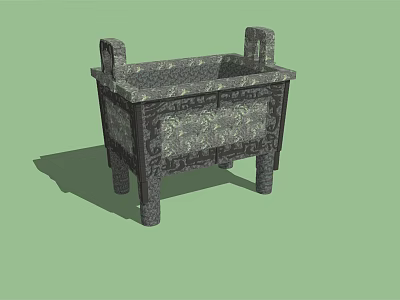 Traditional Classical Square Ceramic Vessel Featuring Ear Shaped Handles Four Legs And Intricate Carved Patterns 3d model