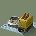 Yellow Kitchen Appliance Toaster with Decorative Patterns Toast and Coffee Cup on Striped Placemat