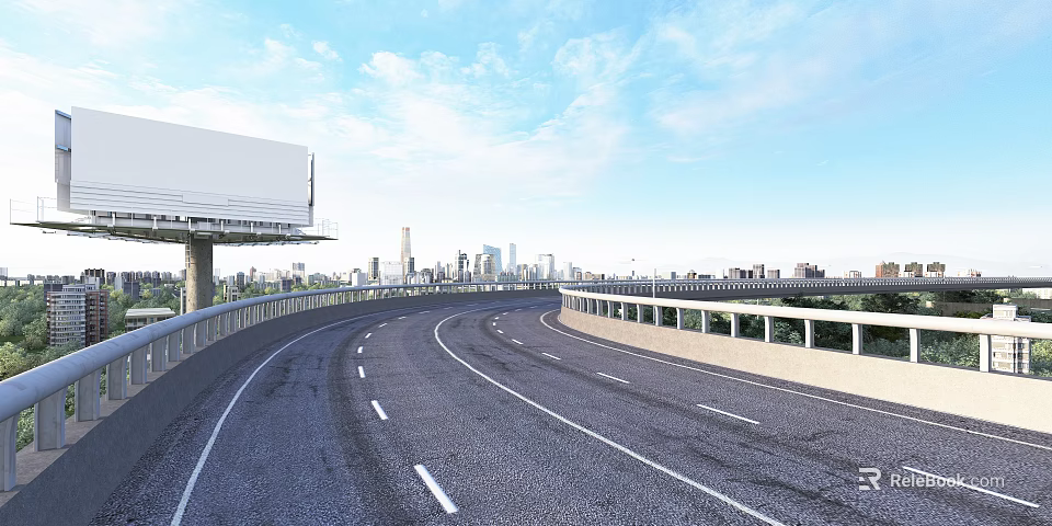 Curved Highway Infrastructure With Guardrails Urban Skyline Billboard And Lane Markings 3d model 