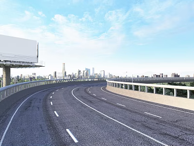 Curved Highway Infrastructure With Guardrails Urban Skyline Billboard And Lane Markings 3d model