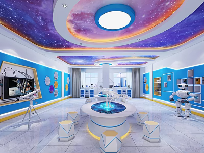 Kindergarten with Starry Ceiling Blue Walls Interactive Pool Robot Telescope Hexagon Decor and White Stools 3d model