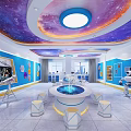 Kindergarten with Starry Ceiling Blue Walls Interactive Pool Robot Telescope Hexagon Decor and White Stools