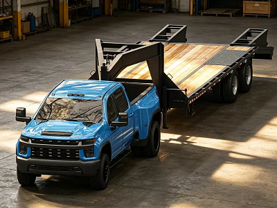 Blue Pickup Truck with Large Flatbed Trailer Parked in Industrial Factory Workshop 3d model
