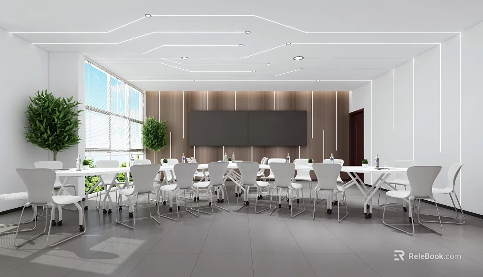 Modern School Cafeteria Interior With Bright Windows White Tables And Green Plants 3d model