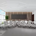 Modern School Cafeteria Interior With Bright Windows White Tables And Green Plants 3d model