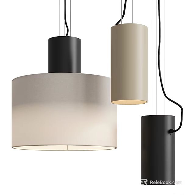Modern Pendant Lights With Black And Beige Cylindrical Fabric Shades Design 3d model 