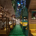 Traditional Restaurant Interior With Wooden Ceiling Hanging Lamps Green Plants And Wooden Tables