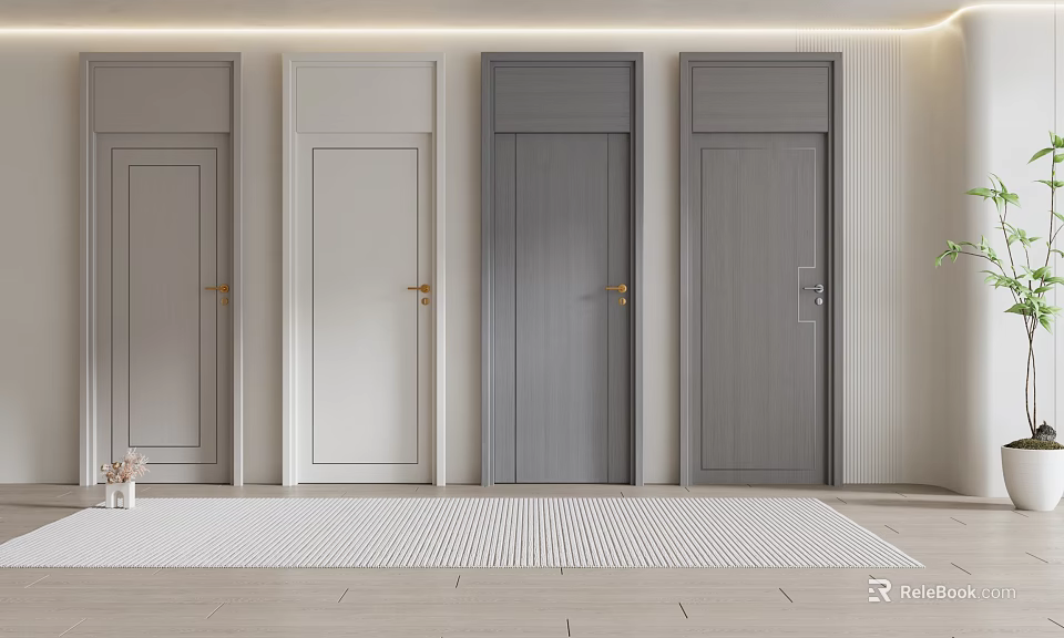 Different Colored Swing Doors With Gold Handles In Modern Interior Design 3d model 