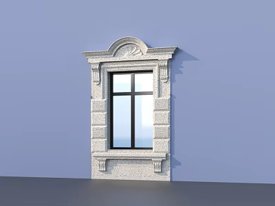 Decorative Stone Window Frame With Glass Panes Against Light Blue Wall And Gray Floor 3d model
