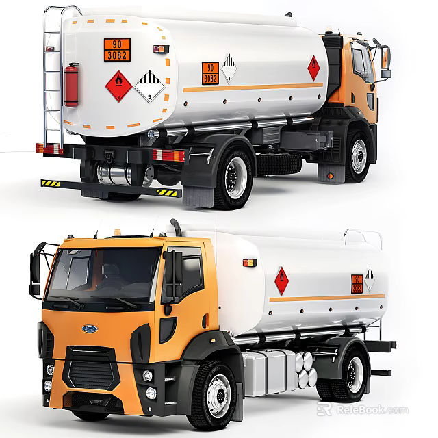 Orange and White Tanker Truck with Hazard Symbols on Tank Body Design 3d model 