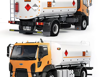 Orange and White Tanker Truck with Hazard Symbols on Tank Body Design 3d model