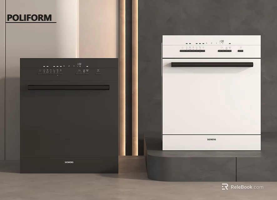 Modern Poliform Kitchen Appliances Featuring Black And White Smeg Dishwashers Design 3d model