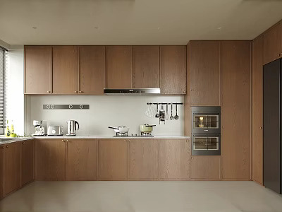 Modern Wooden Kitchen With Cabinetry Built In Ovens Cooktop Range Hood And Small Appliances 3d model