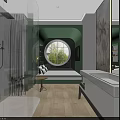 Loft Style Hotel Room With Green Metal Staircase Palm Leaf Decor Mirror And Wooden Accents