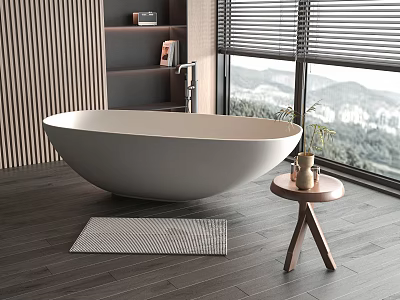 Modern Bathroom With Freestanding Bathtub Bath Mat And Scenic View 3d model