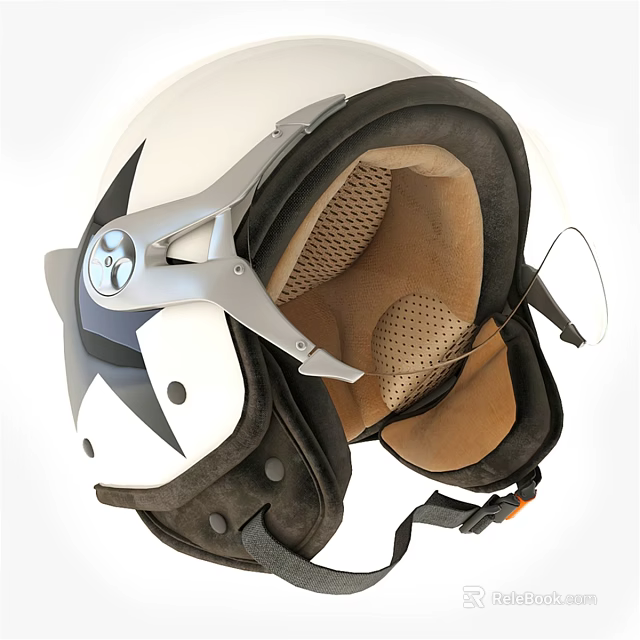 White And Black Helmet With Silver Components Brown Mesh Lining And Transparent Visor 3d model 