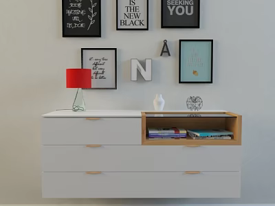 White Entryway Side Cabinet with Drawers Red Lamp and Wall Art Decor 3d model