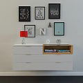 White Entryway Side Cabinet with Drawers Red Lamp and Wall Art Decor