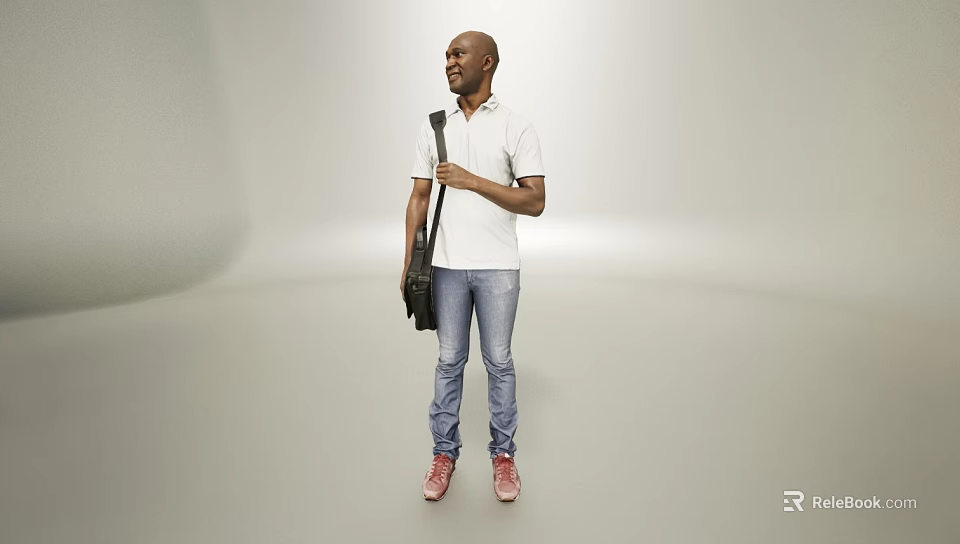 Man Wearing White Polo Shirt Blue Jeans Red Shoes Carrying Backpack Against Gray Background 3d model 
