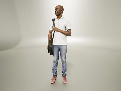 Man Wearing White Polo Shirt Blue Jeans Red Shoes Carrying Backpack Against Gray Background 3d model